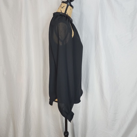JESSICA SIMPSON Size Small Sheer Black Chiffon Rhinestone Collar Open Sleeve Top - Picture 5 of 16